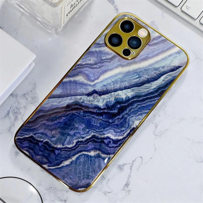 İphone 12 Pro Max Marble Parlak Mermer Desenli Cam Telefon Kılıfı