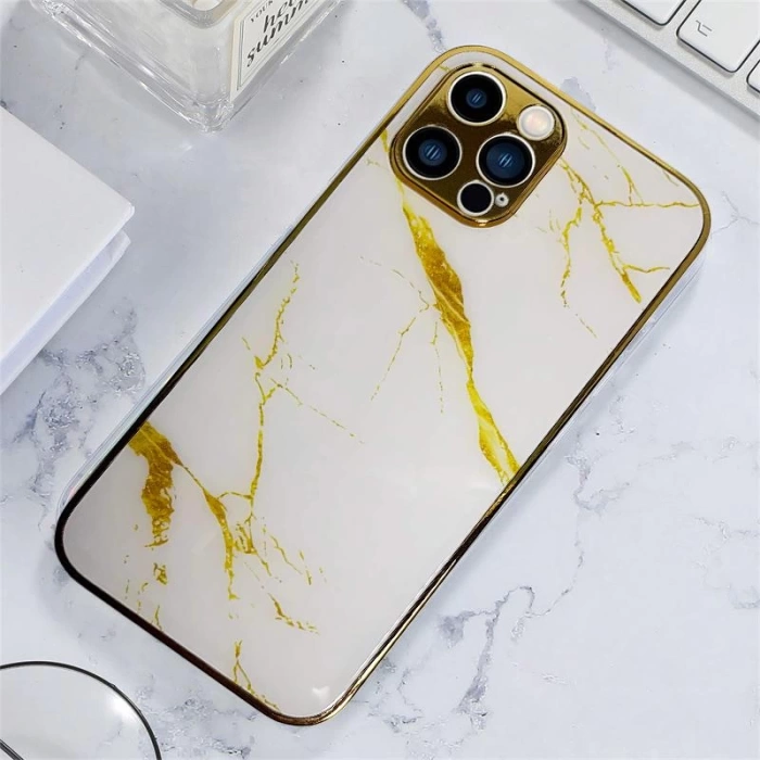 İphone 12 Pro Max Marble Parlak Mermer Desenli Cam Telefon Kılıfı