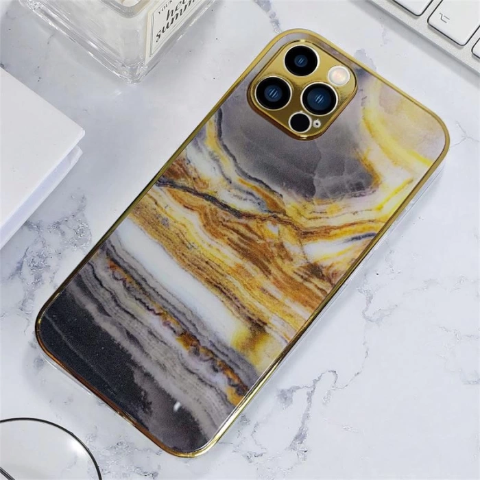 İphone 12 Pro Max Marble Parlak Mermer Desenli Cam Telefon Kılıfı