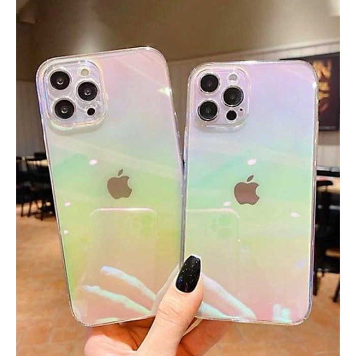 iPhone 12 Pro Max Parlak Rainbow Holografik Kamera Korumalı Sert Kılıf