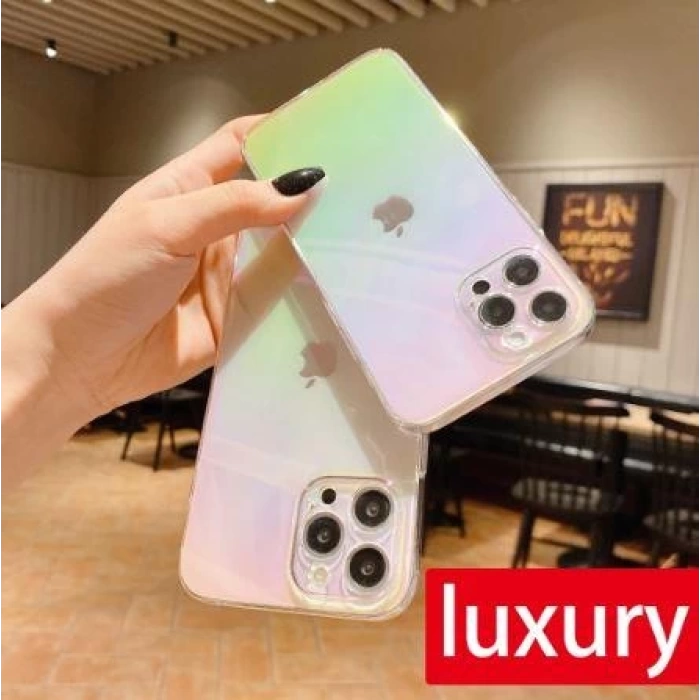 iPhone 12 Pro Max Parlak Rainbow Holografik Kamera Korumalı Sert Kılıf