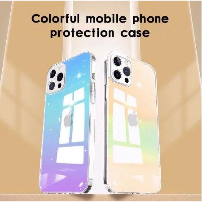 iPhone 12 Pro Max Parlak Rainbow Holografik Kamera Korumalı Sert Kılıf