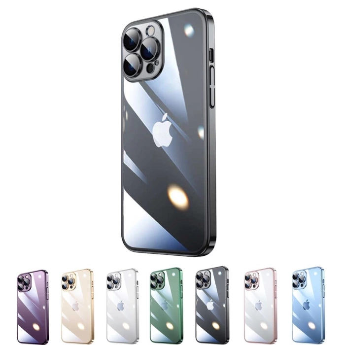 İphone 13 Pro Max Darbe Emici Şeffaf Kenarları Renkli Sert Lazer Lensli Kılıf