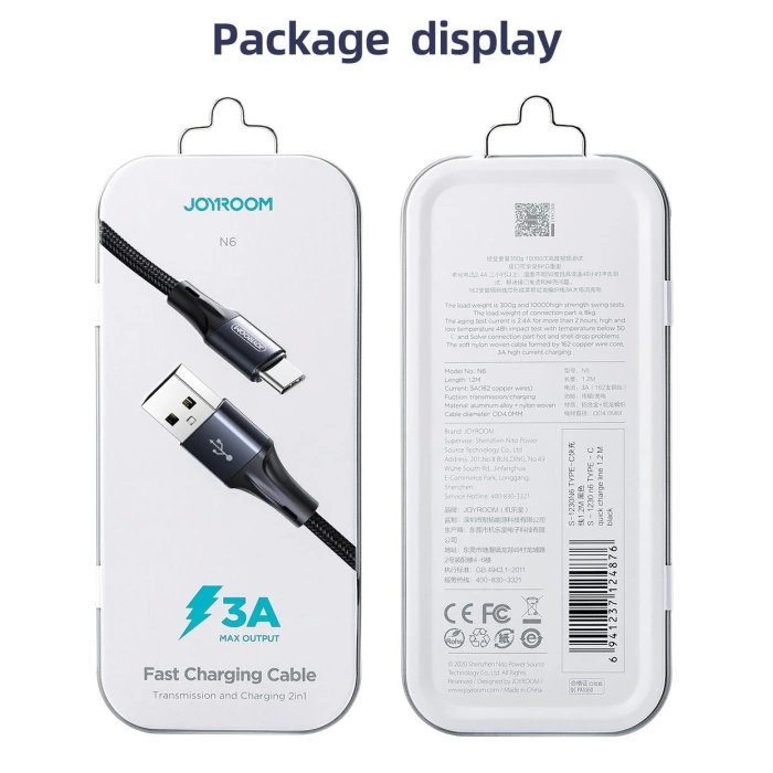 Joyroom S-1230N6 iPhone Lightning Hızlı Şarj ve Data Kablosu Örgü 3A 1.2M Siyah