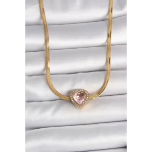 Populermarketim - 316l Çelik Gold Renk İtalyan Zincir Pembe Zirkon Taşlı Kalp Model Kadın Kolye
