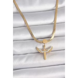 Populermarketim - 316l Çelik Gold Renk İtalyan Zincir Zirkon Taş Detaylı Mikail Model Kadın Kolye