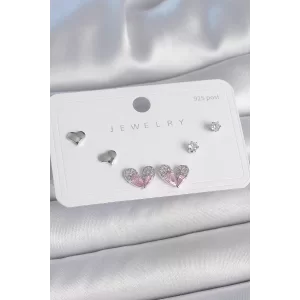 Populermarketim - Pirinç Gümüş Renk Pembe Zirkon Taşlı Kalp Model 925 Ayar Gümüş Çivi Kadın Küpe Seti