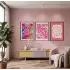 Canlı Pembe Floral Kompozisyon 3lü Siyah Çerçeveli Tablo Seti Bohem Tablo Poster Tablo Resim