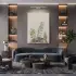 Bitkisel Yapraklar Doğal Toprak Tonları Tekli Gümüş Metal Çerçeveli Cam Tablo Salon Oturma
