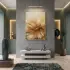 Büyük Çiçek Sıcak Altın Tonları Tekli Gold Metal Çerçeveli Cam Tablo Poster Dekoratif