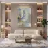 Soyut Çiçek Pastel Mavi Tonları Tekli Gold Metal Çerçeveli Cam Tablo Poster Dekoratif