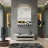 Kıyı Taşları Sarı Vurgulu Gri Tekli Gümüş Metal Çerçeveli Cam Tablo Salon Oturma