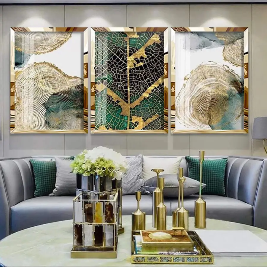 Gold Ayna Çerçeveli Yeşil ve Altın Detaylı 3lü Çerçeveli Tablo Seti