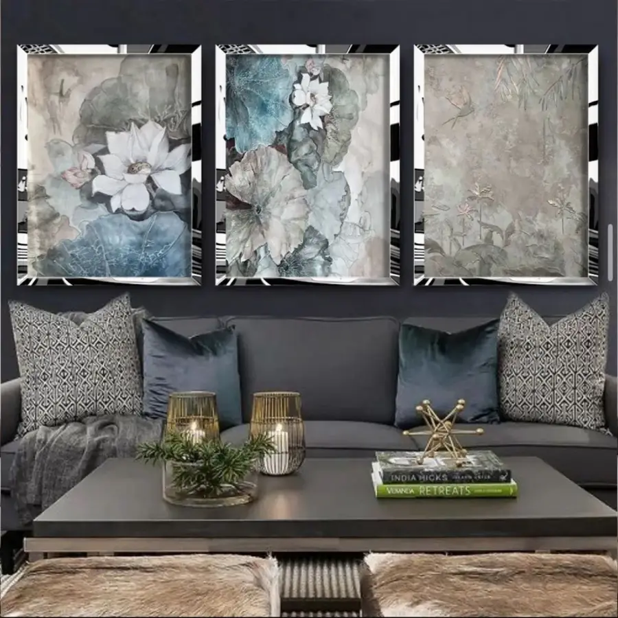 Yağlıboya Detaylı Çiçekler 3lü Gümüş Pleksi Tablo