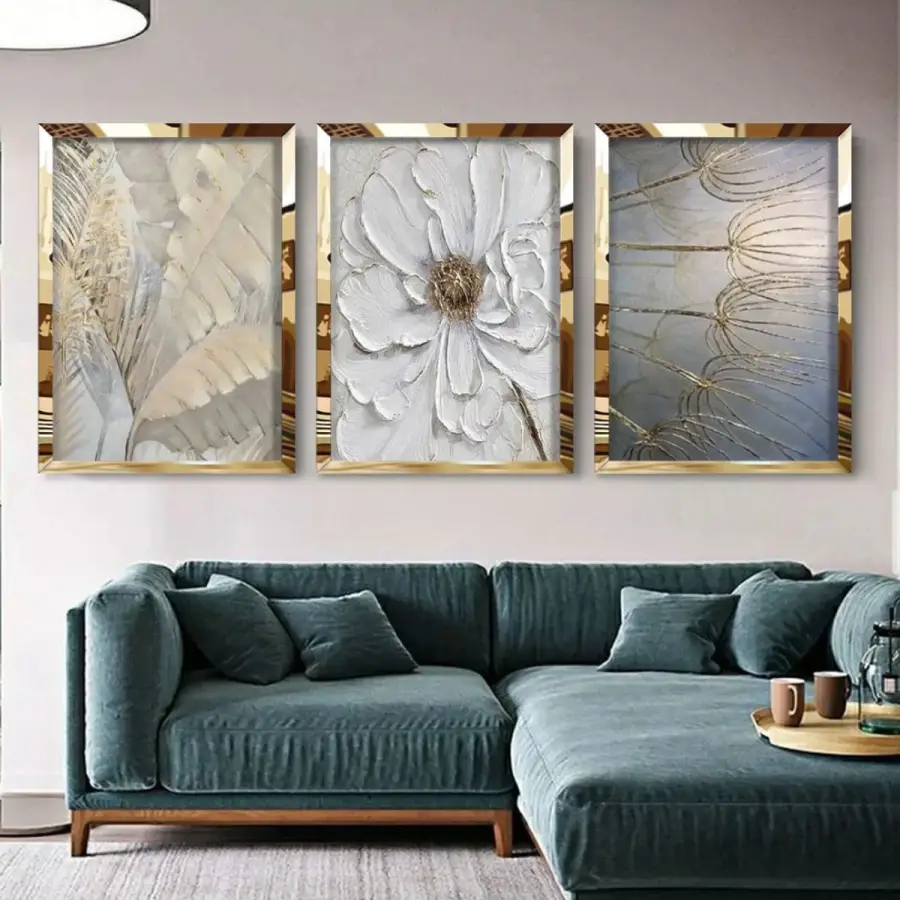 Çiçek Desenli 3lü Gold Pleksili Tablo Seti