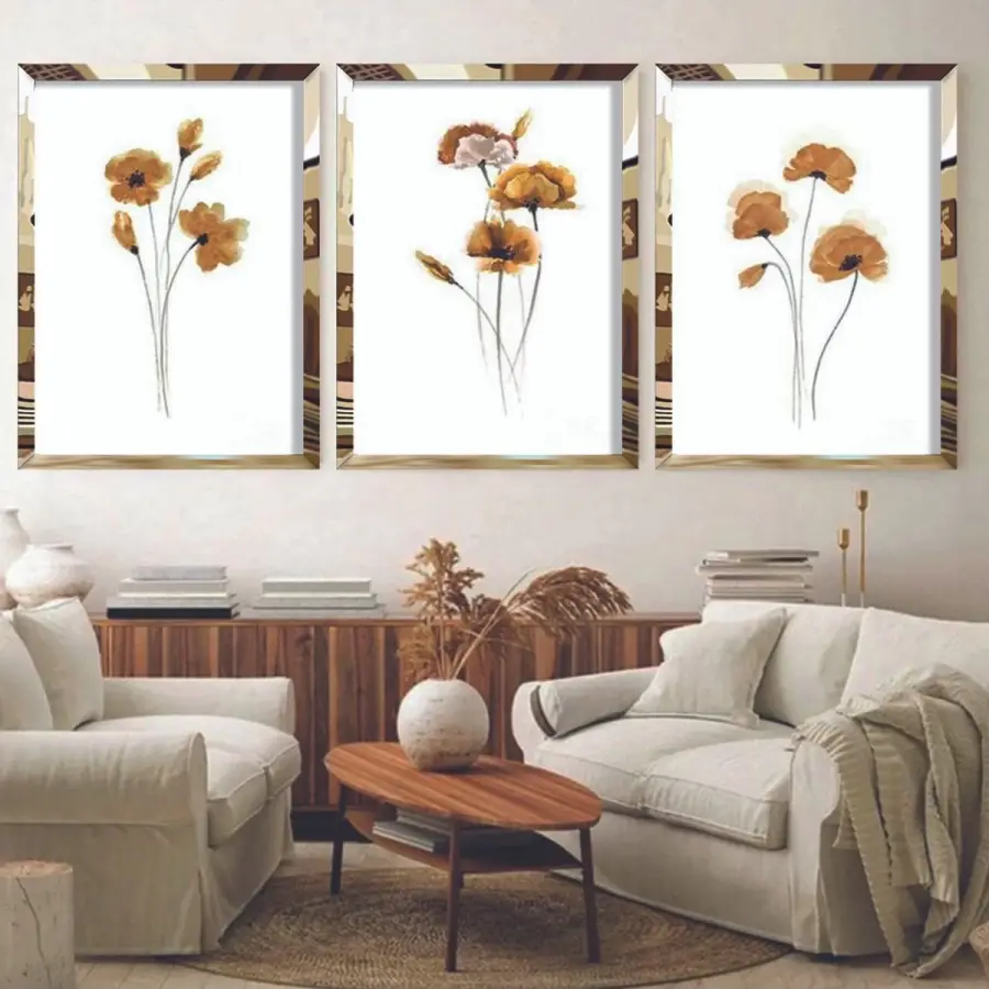 Altın Bahar: Sarı Tonlarda Gelincikler Üçlü Gold Pleksi Tablo