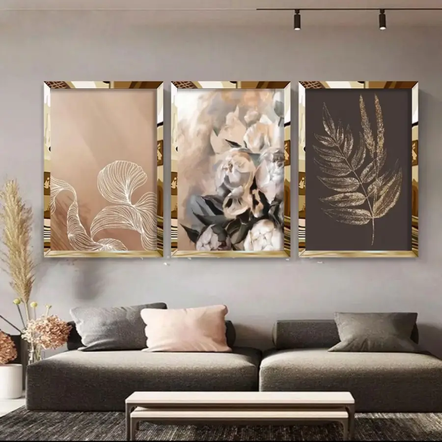 Gold Çiçekler Pleksi Dekoratif 3lü Tablo Seti