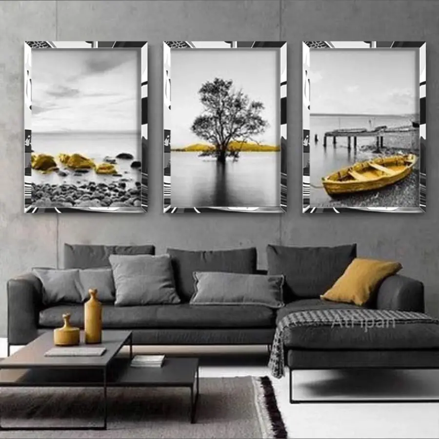 Gri Göl Manzarası ve Sarı Detaylar Gümüş Pleksi 3lü Çerçeveli Tablo Seti