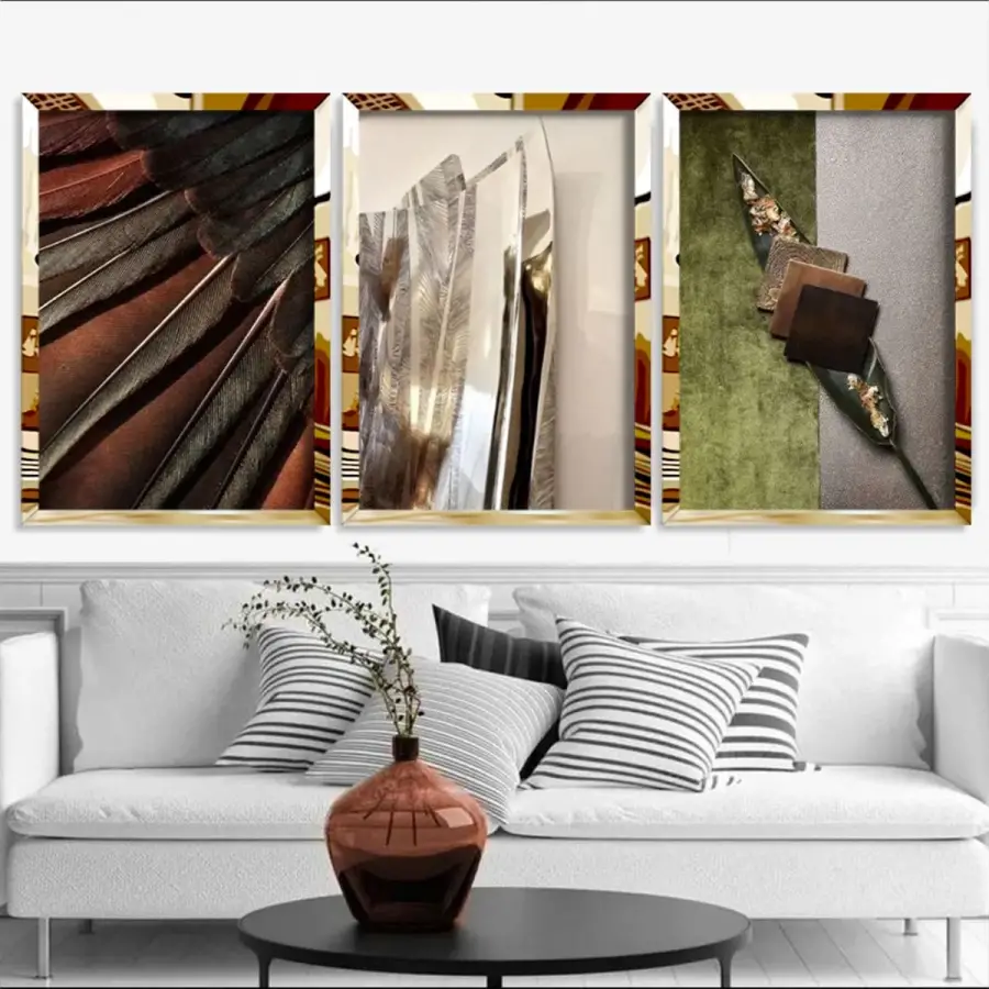 Dekoratif 3lü Kombin Aynalı Gold Pleksi Çerçeveli Tablo