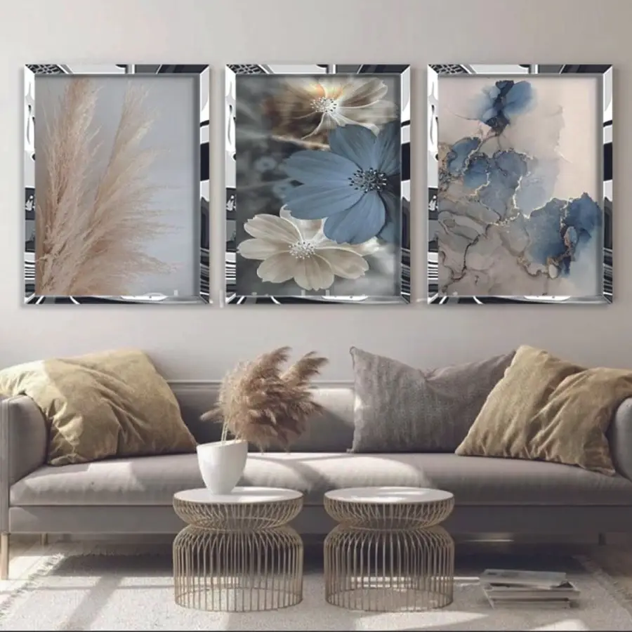 Renkli Çiçek Gümüş Pleksi 3lü Çerçeveli Tablo