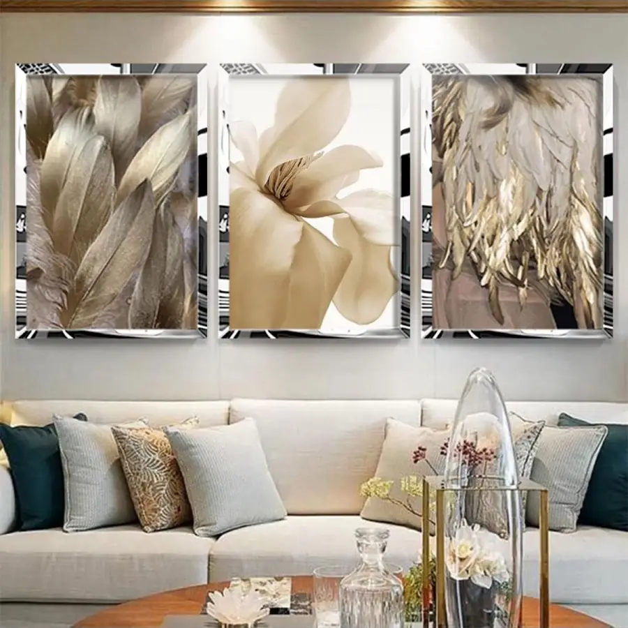 Gümüş Ayna Çerçeveli Altın Detaylı 3lü Tablo Seti