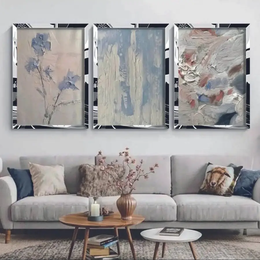Yağlıboya Görünümlü Soyut Gümüş Pleksi 3lü Çerçeveli Tablo