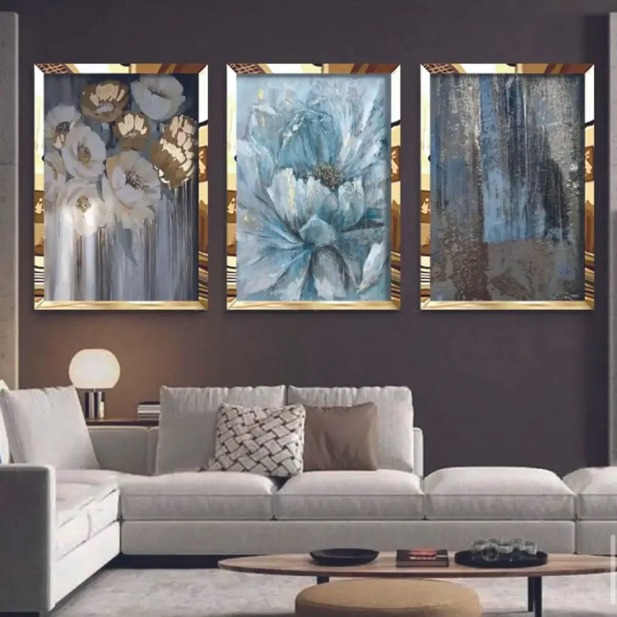 Mavi-gold Modern Çiçek Gold Pleksi 3lü Çerçeveli Tablo Seti