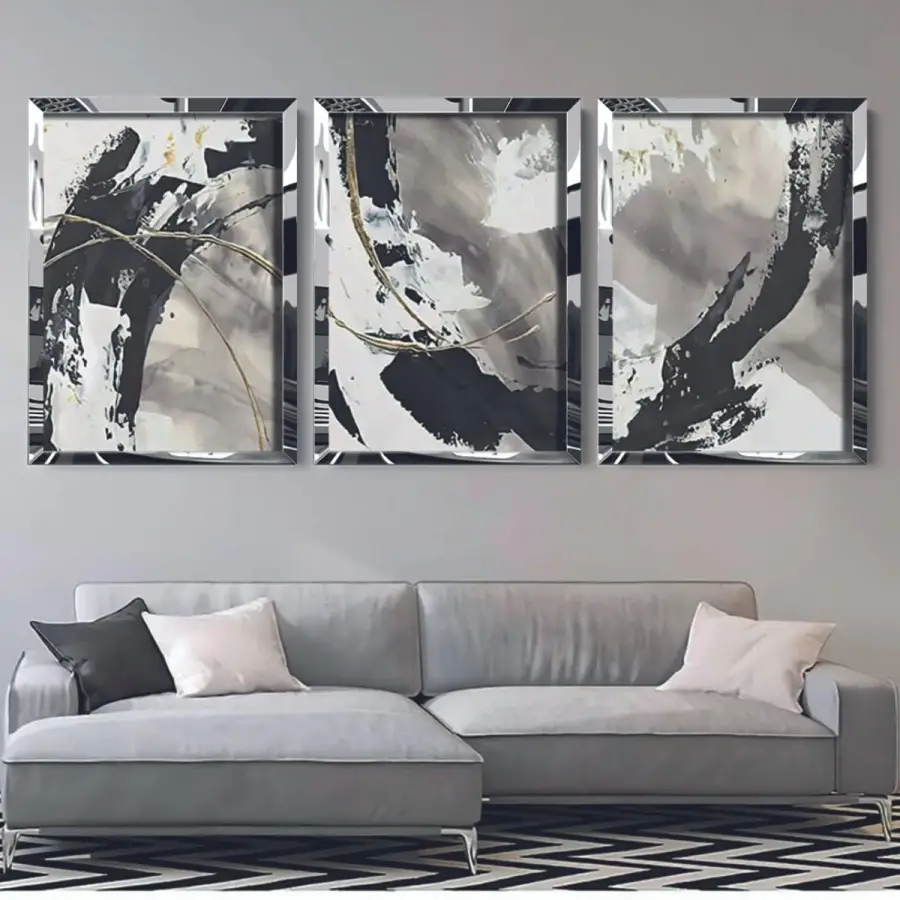 Ayna Çerçeveli Üçlü Gümüş Renkli Çerçeve Soyut Siyah Beyaz Tablo Seti