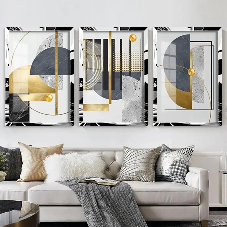 Modern Gümüş Pleksi Soyut Geometrik 3lü Çerçeveli Tablo Seti