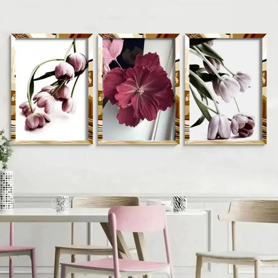 Kırmızı Japon Gülü ve Laleler Gold Pleksi 3lü Çerçeveli Tablo Seti