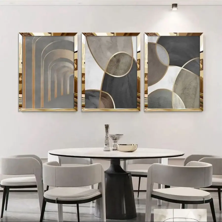 Soyut Geometrik Desenli Gold Pleksili Çerçeveli Tablo Seti