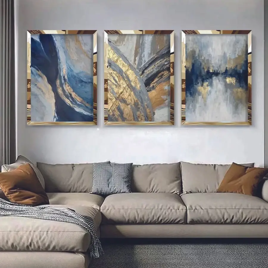 3lü Gold Pleksi Soyut Dekoratif Tablo Seti