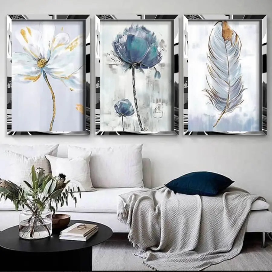 Yağlı Boya Esintileri: Çiçekler ve Kuş Tüyü Üçlü Gold Pleksi Tablo Seti