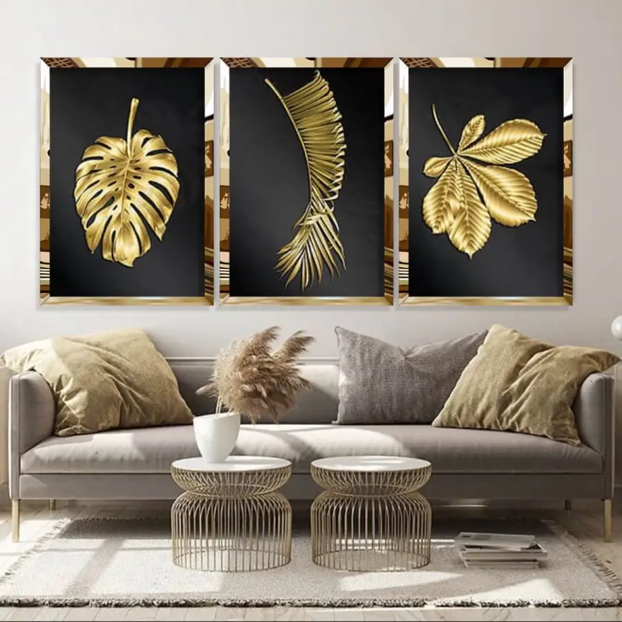Altın Yapraklar 3lü Gold Pleksi Tablo Takımı