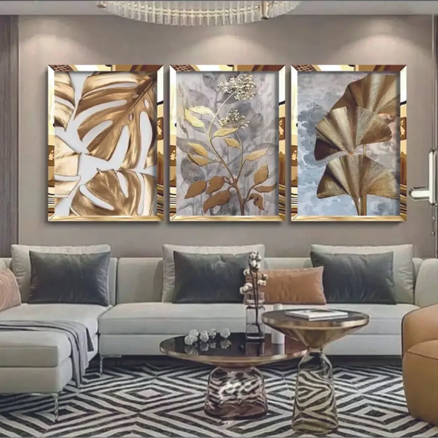 Modern Altın Bitkiler Gold Pleksi 3lü Çerçeveli Tablo