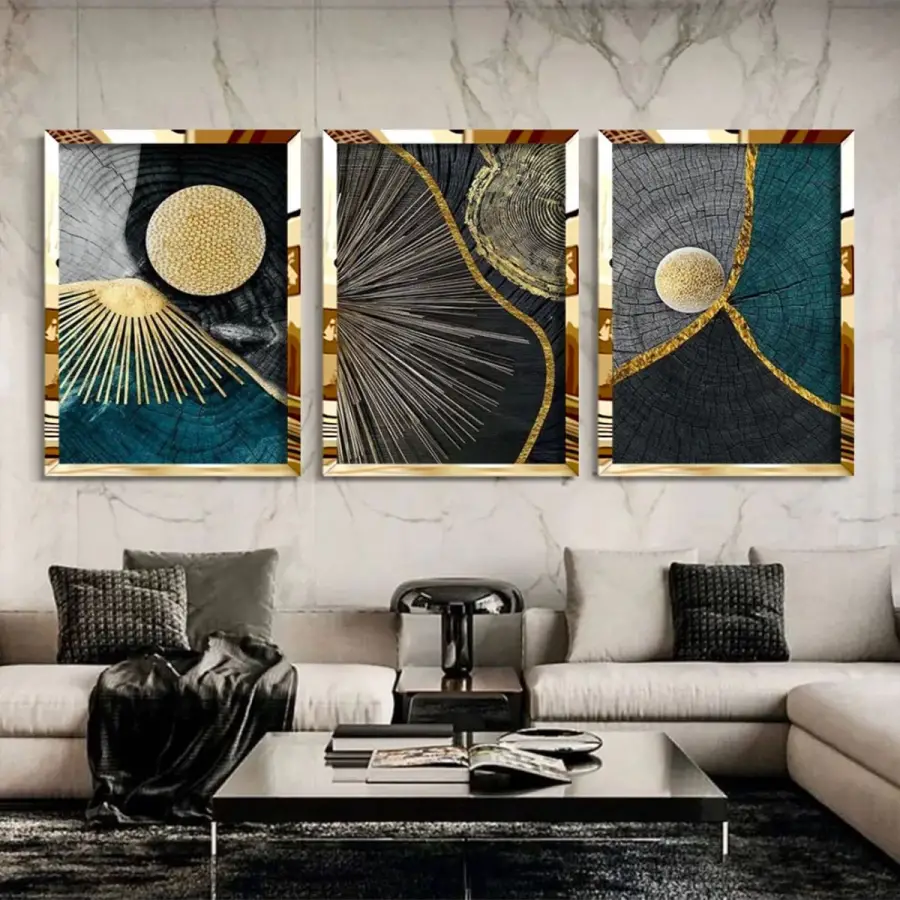 Soyut Ağaç Kütükleri Gold Pleksi 3lü Çerçeveli Tablo Seti