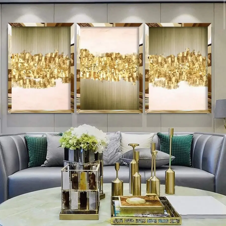Gold Pleksili 3lü Altın Detaylar Modern Tablo Takımı