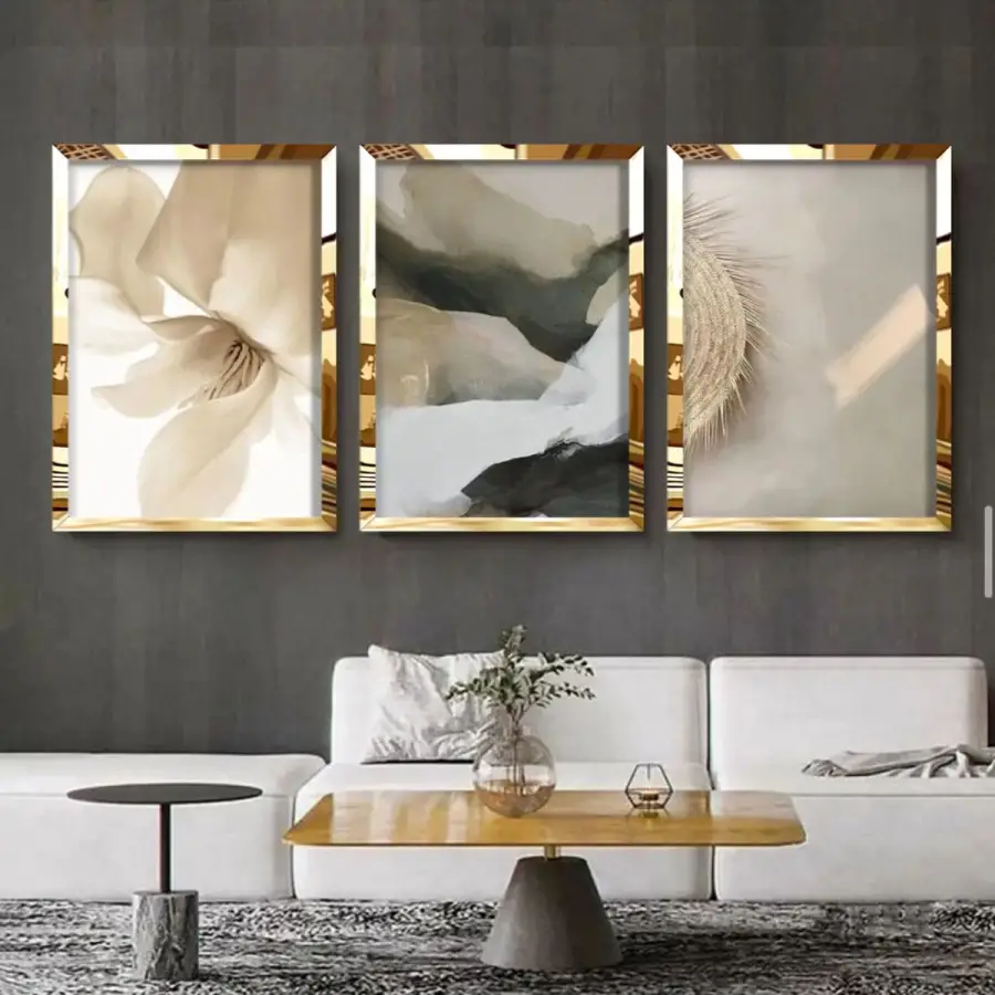 Modern Kombin 3lü Gold Pleksili Çerçeveli Tablo Seti