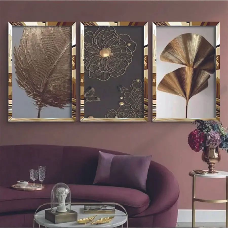 Gold Detaylı Aynalı Pleksi 3lü Çerçeveli Tablo Seti