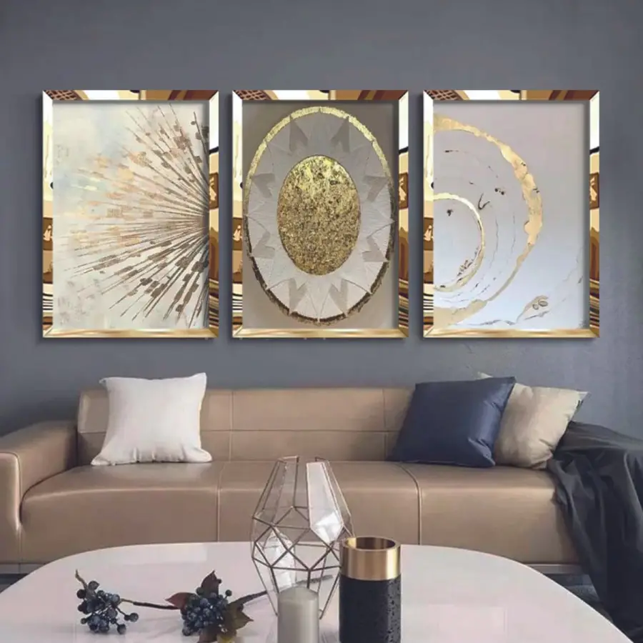 Soyut Altın Detaylar Gold Pleksi 3lü Çerçeveli Tablo