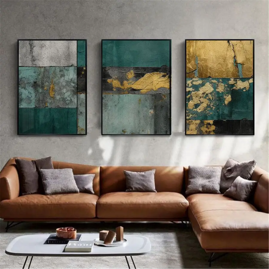Altın Dokunuş: Turkuaz ve Gri Üçlü Metal Çerçeveli Tablo Takımı