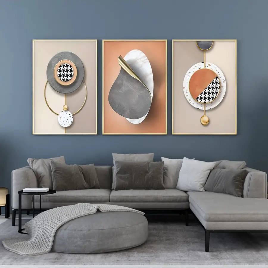 Soyut Düşler: Altın Dokunuşlar ve Dairesel Motifler Metal Çerçeveli Tablo Seti
