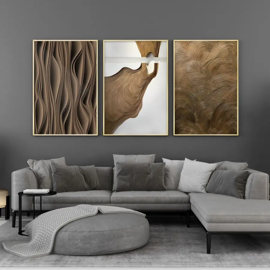 Dinamik Akış: Soyut Dalgalı Çizgiler Üçlü Metal Çerçeveli Tablo Seti