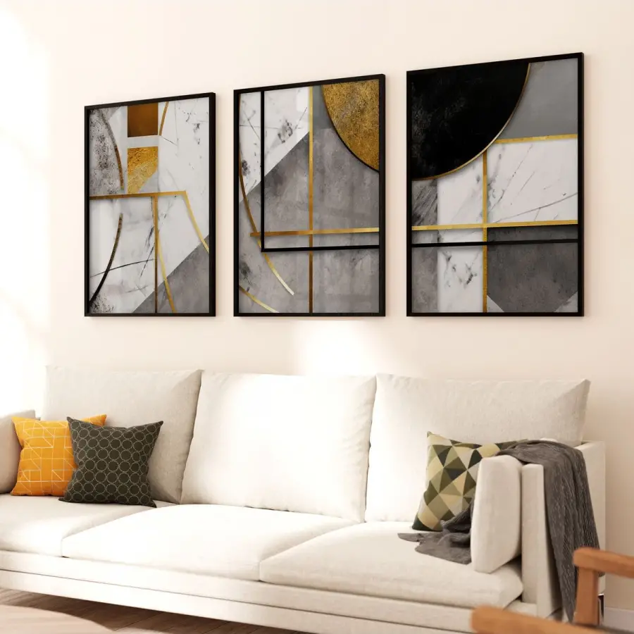 Geometrik Zarafet: Üç Parçalı Metal Çerçeveli Tablo Seti