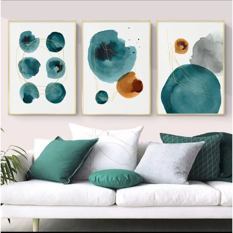 Turkuaz Dönüşüm: Soyut Daireler Üçlü Metal Çerçeveli Tablo Seti