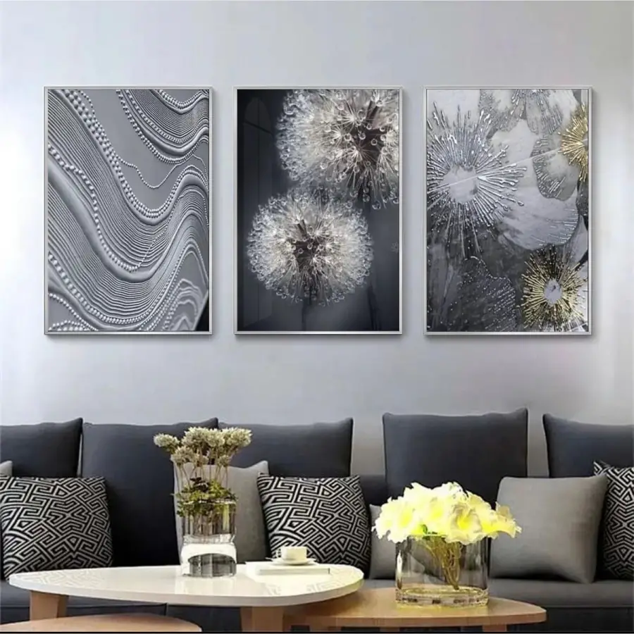 Gri Tonlarında Soyut Ritimler: Üçlü Metal Çerçeveli Tablo Seti