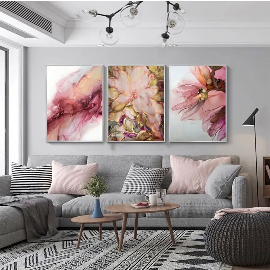 Organik Şekillerin Cazibesi: Dinamik Renk Akışı Üçlü Metal Çerçeveli Tablo Seti