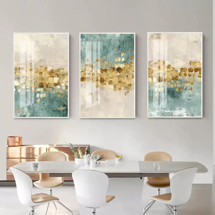 Altın Yansımalar: Soyut Turkuaz Düşler Üçlü Metal Çerçeveli Tablo Seti