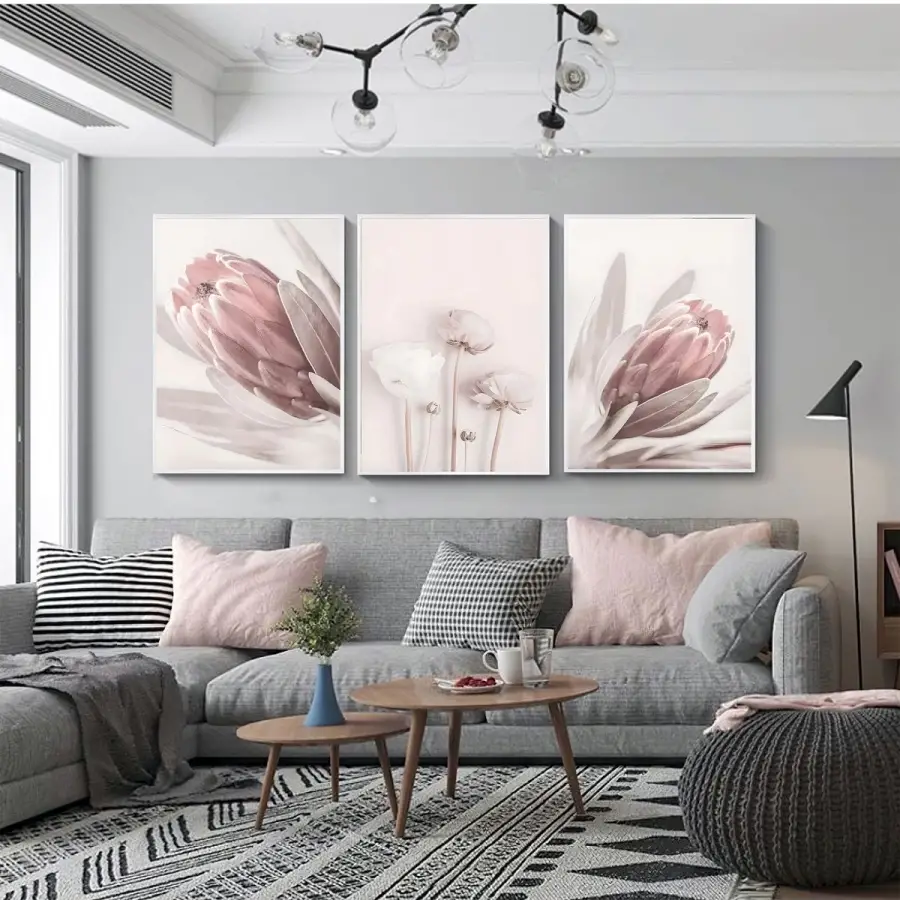 Modern Çiçekler: Stilize Flora Üçlü Metal Çerçeveli Tablo Seti