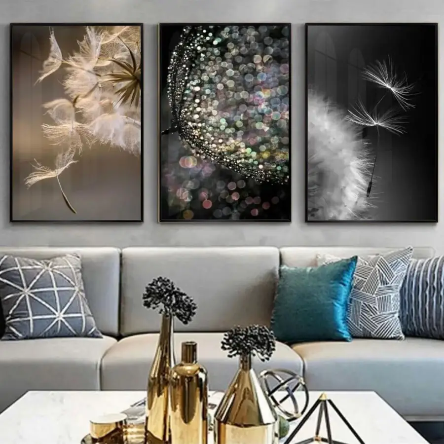 Karşı Konulmaz Zarafet: Dandelion Silüetleri Üçlü Metal Çerçeveli Tablo Seti